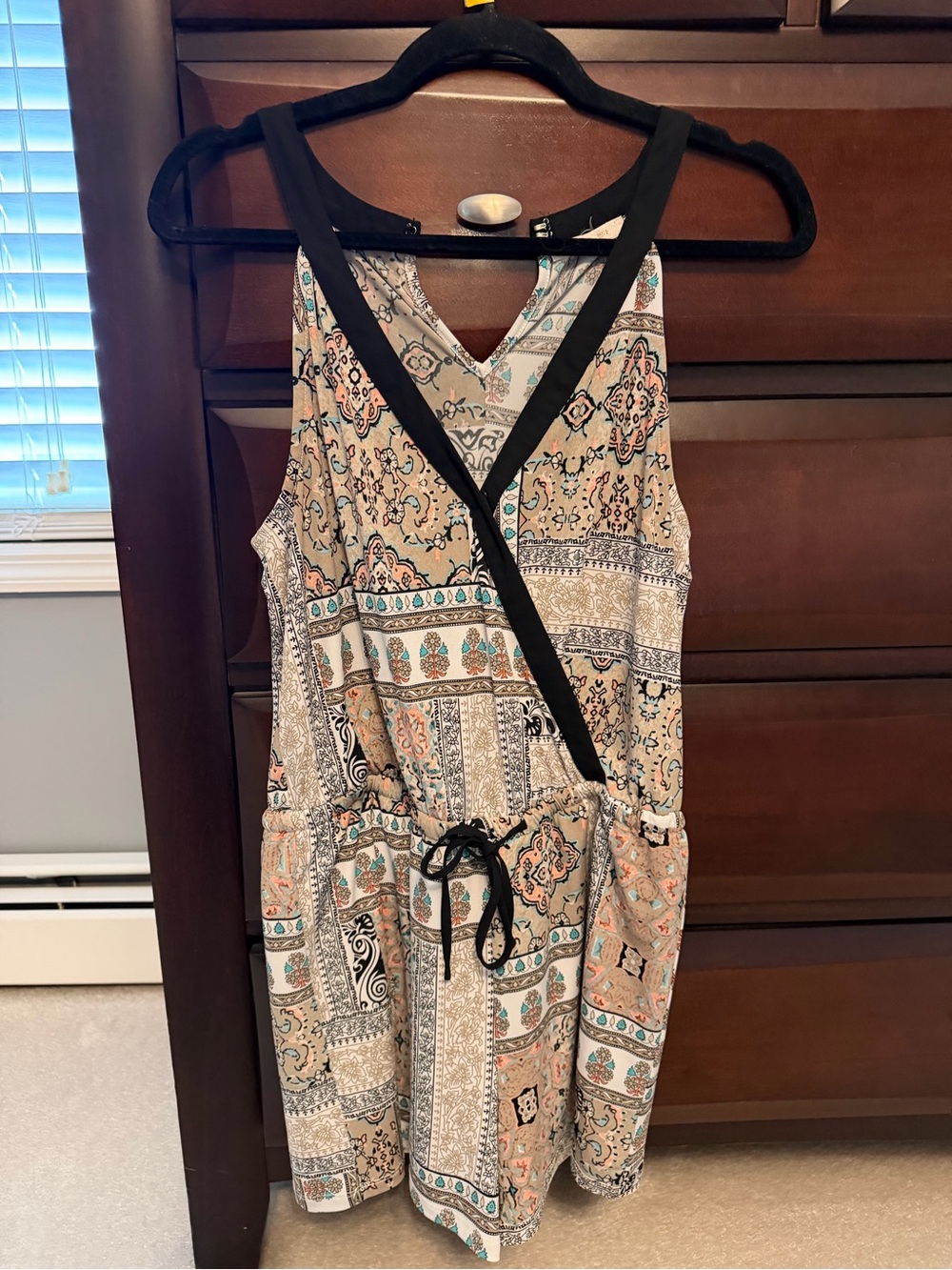 Skies Are Blue Beige Boho Romper with Black Trim